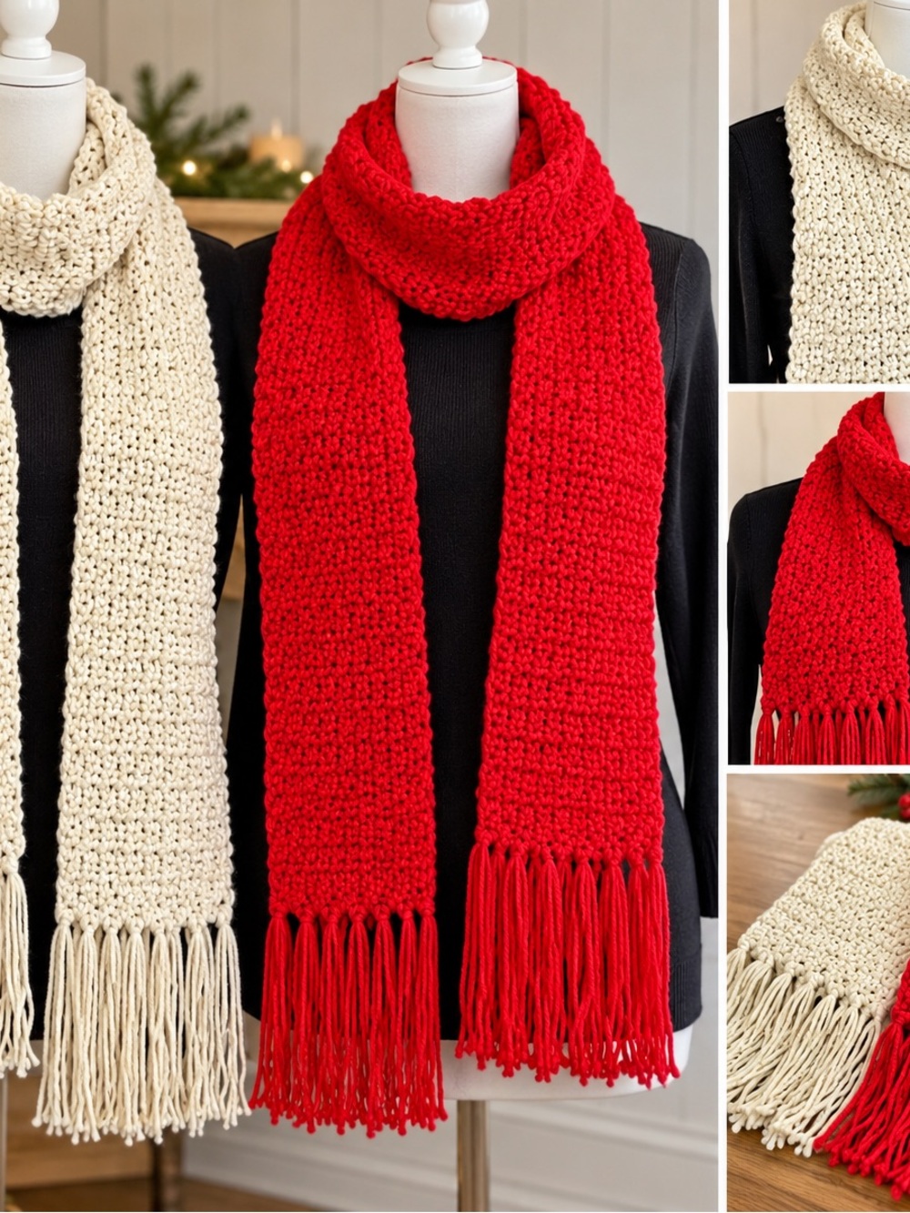 Classic Fringe Knit Scarf - Red - Unbranded